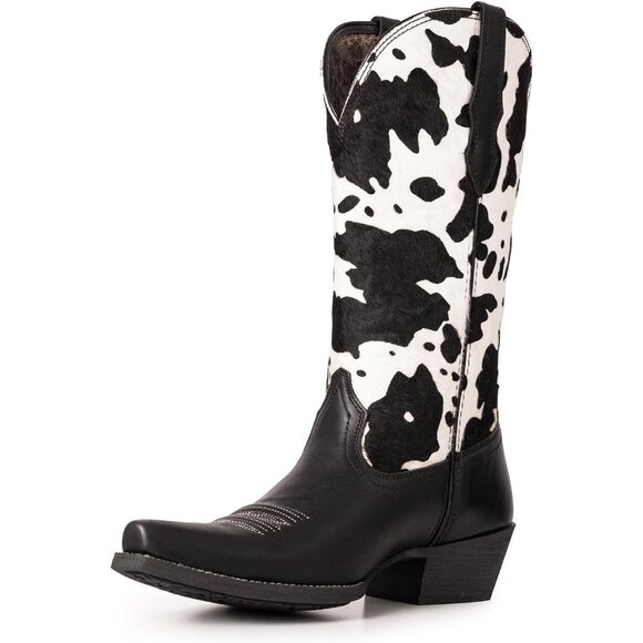 Women's Black The Western Wear Fashion Cow Print Cowgirl Low Heel Walking Boots